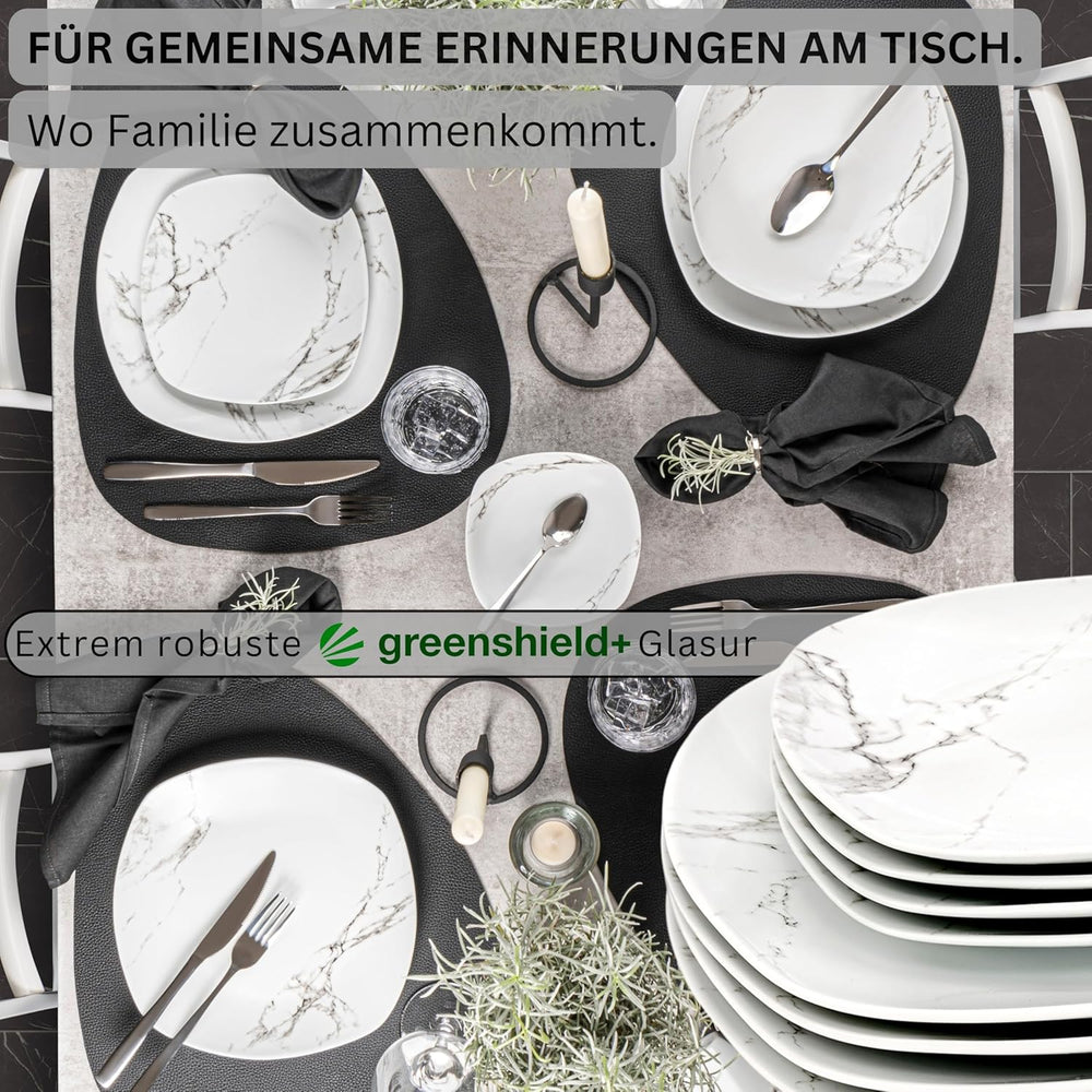 SANGER | Service de table combiné en marbre Bilgola, service de table 36 pièces pour 6 personnes avec assiettes plates, assiettes à dessert, assiettes Suma, bols à céréales, assiettes à café et soucoupes en porcelaine, carré | LA COLLECTION PREMIUM