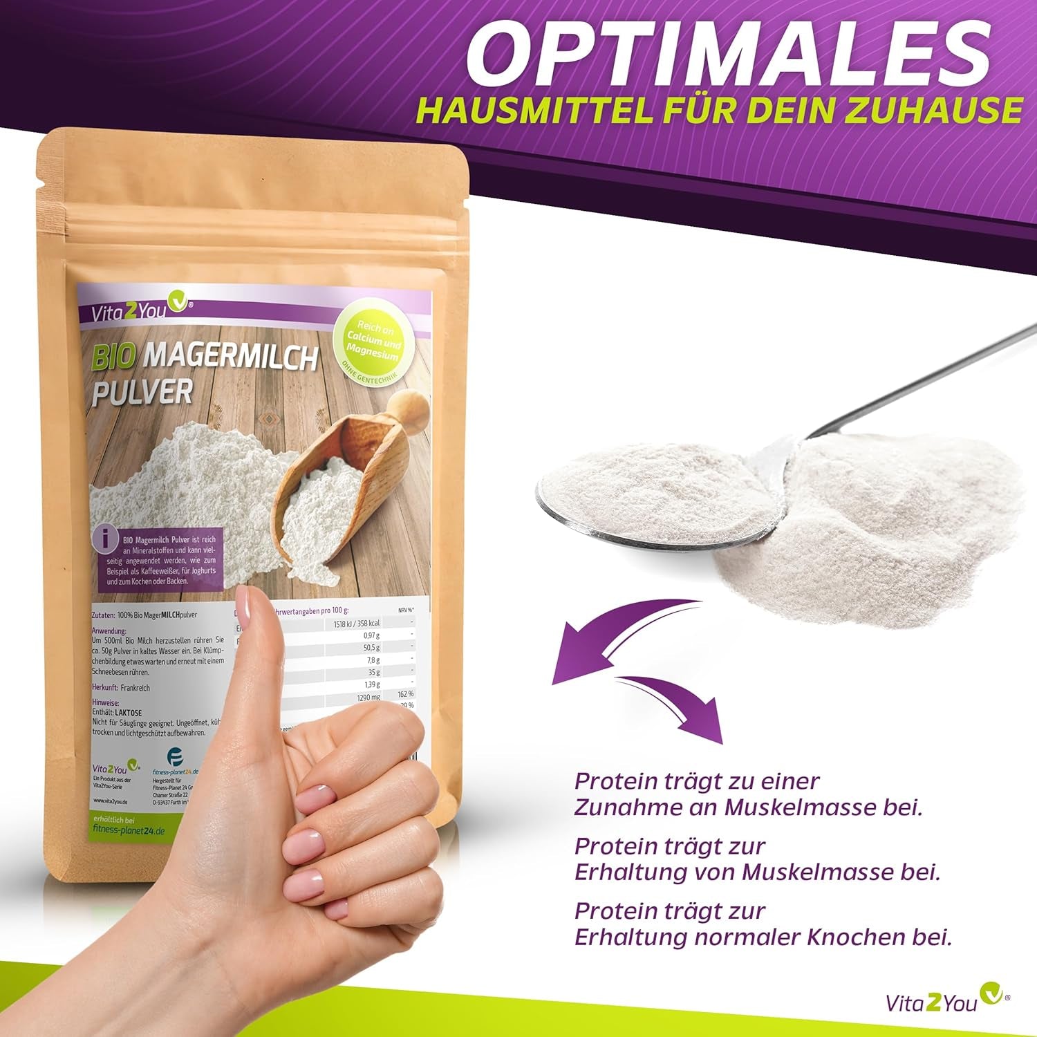 Vita2You Bio Lait écrémé en poudre 1000g - 100% Bio Qualität - pour la pâtisserie - Kaffeeweißer - Milchpulver für Joghurts - 1kg - Premium Qualität