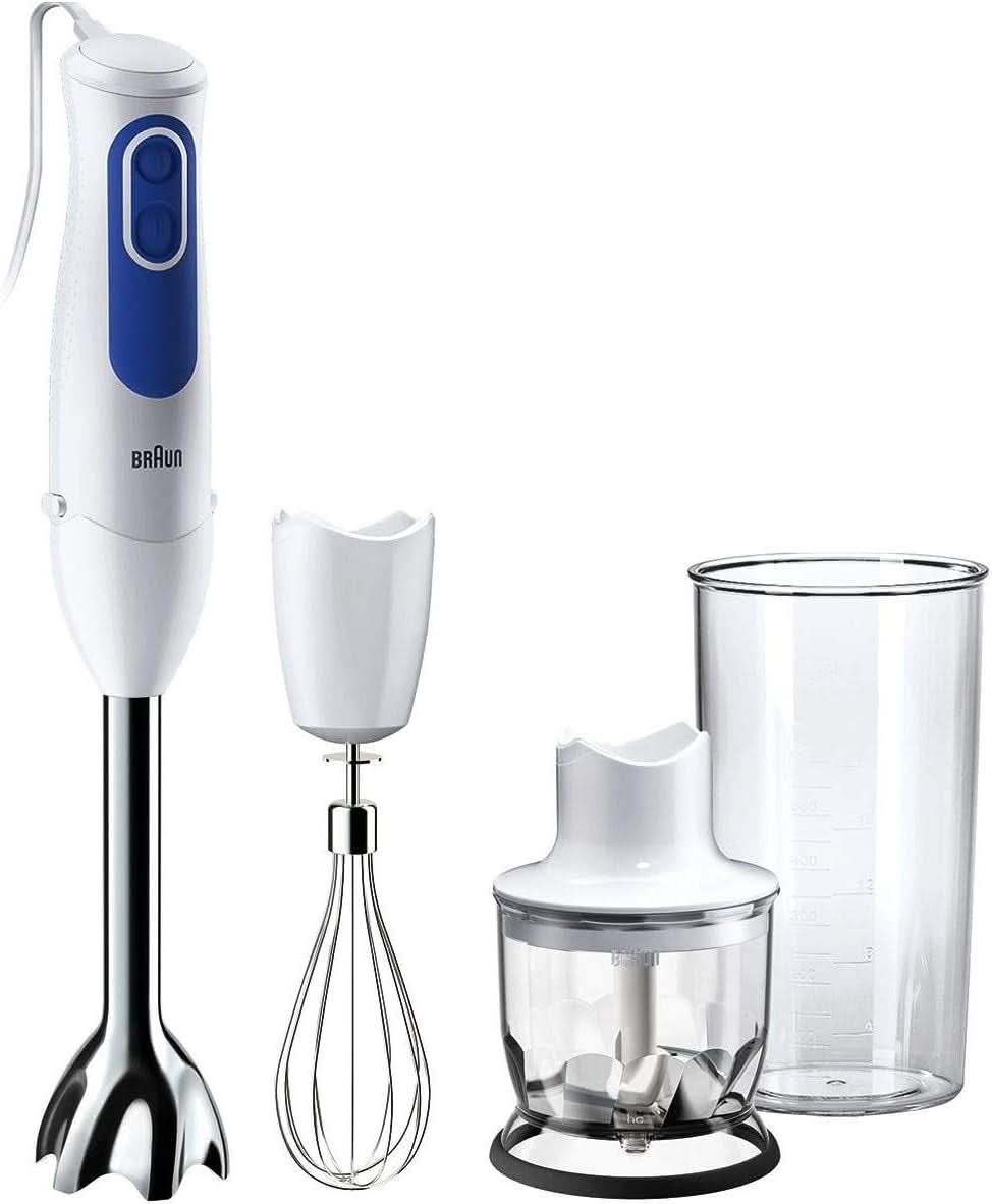 Braun Multiquick 3 MQ 3000 Smoothie+ Stabmixer – Pürierstab Mit 2 Geschwindigkeiten, Powerbell plus et Splashcontrol-Technologie, 700 Watt, Inkl. 600 ml Mix- & Messbecher, Blau/Weiß Kitchen Naty Shop Mq3025 Omelette