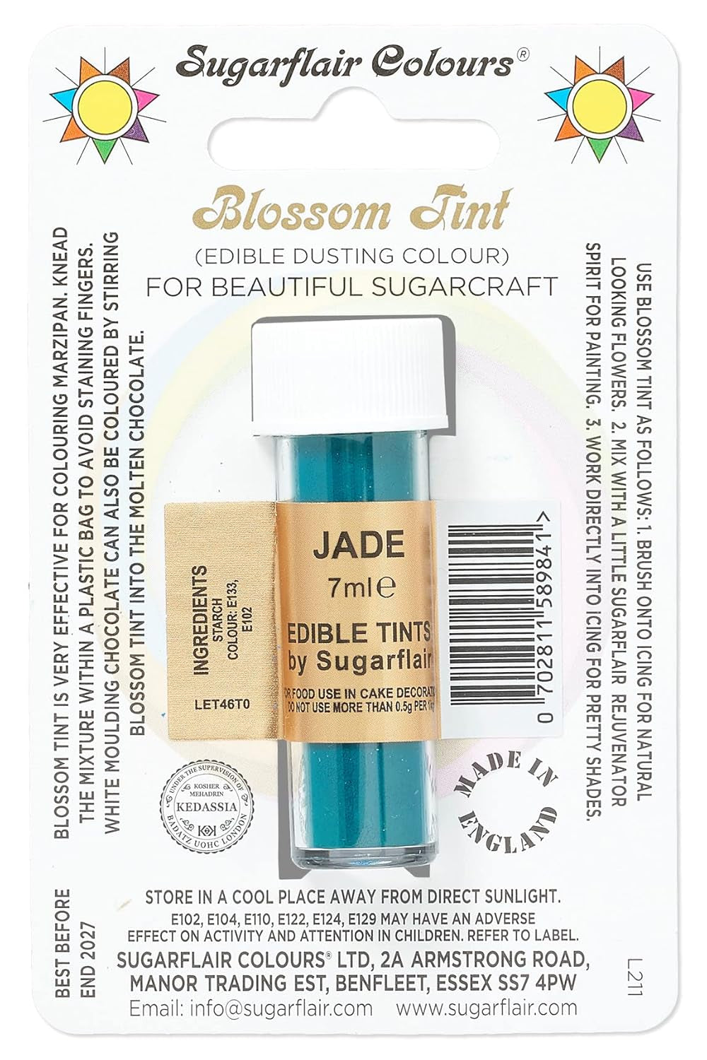 Colorant alimentaire en poudre Sugarflair Blossom Tint Dusting Jade - Colorant alimentaire en poudre pour décorer pâte à sucre colorée, fondant, glaçage, chocolat, crème au beurre, macarons - 7ml