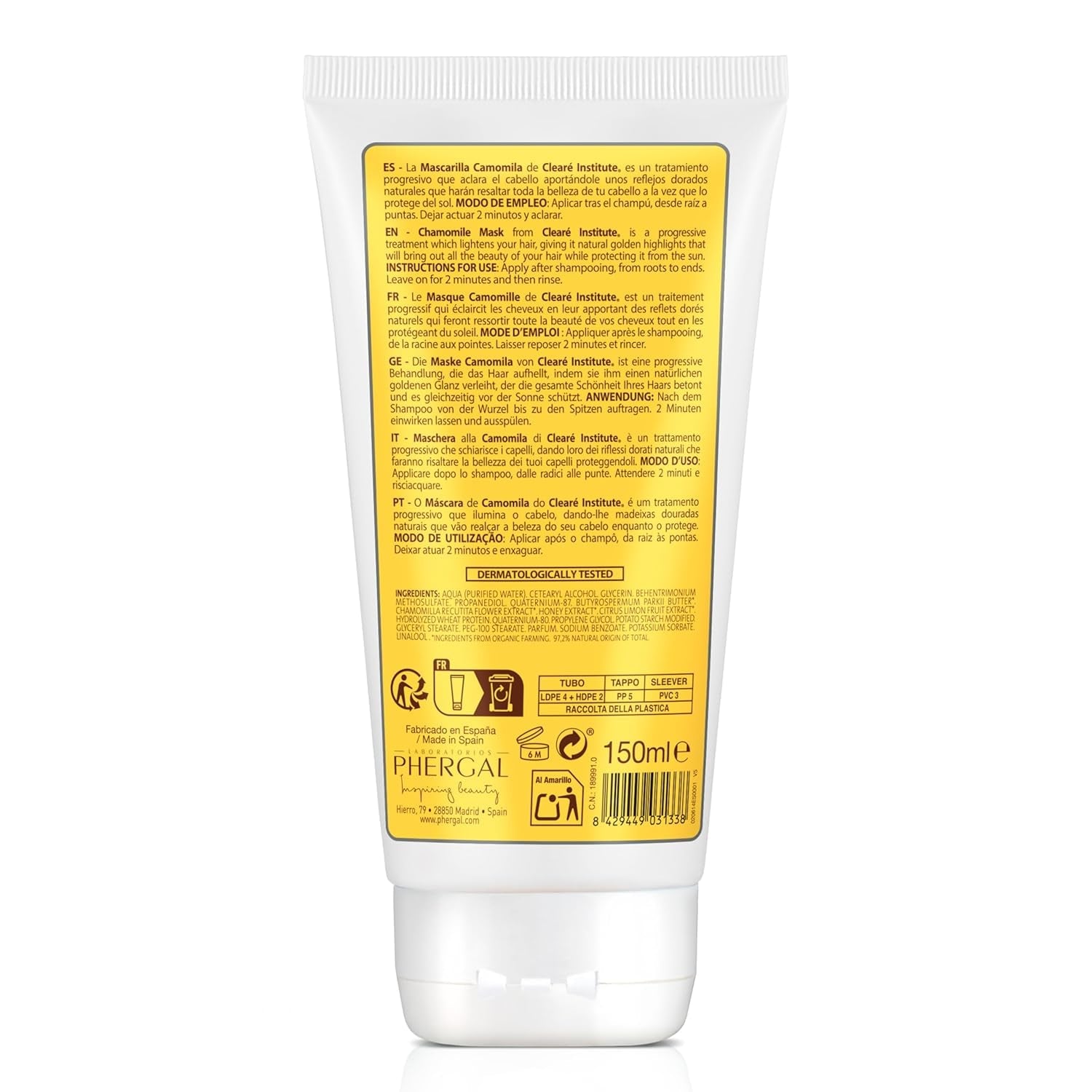 Institut Clearé | Masque à la camomille | Nourrit, conditionne et démêle | Brillance et brillance dorées | 97% d'ingrédients naturels | Apaise le cuir chevelu À l'extrait de camomille | Masque capillaire Naty Shop 150 ml