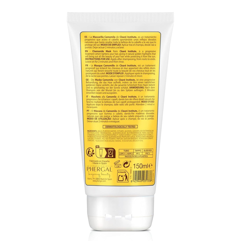 Institut Clearé | Masque à la camomille | Nourrit, conditionne et démêle | Brillance et brillance dorées | 97% d'ingrédients naturels | Apaise le cuir chevelu À l'extrait de camomille | Masque capillaire Naty Shop 150 ml