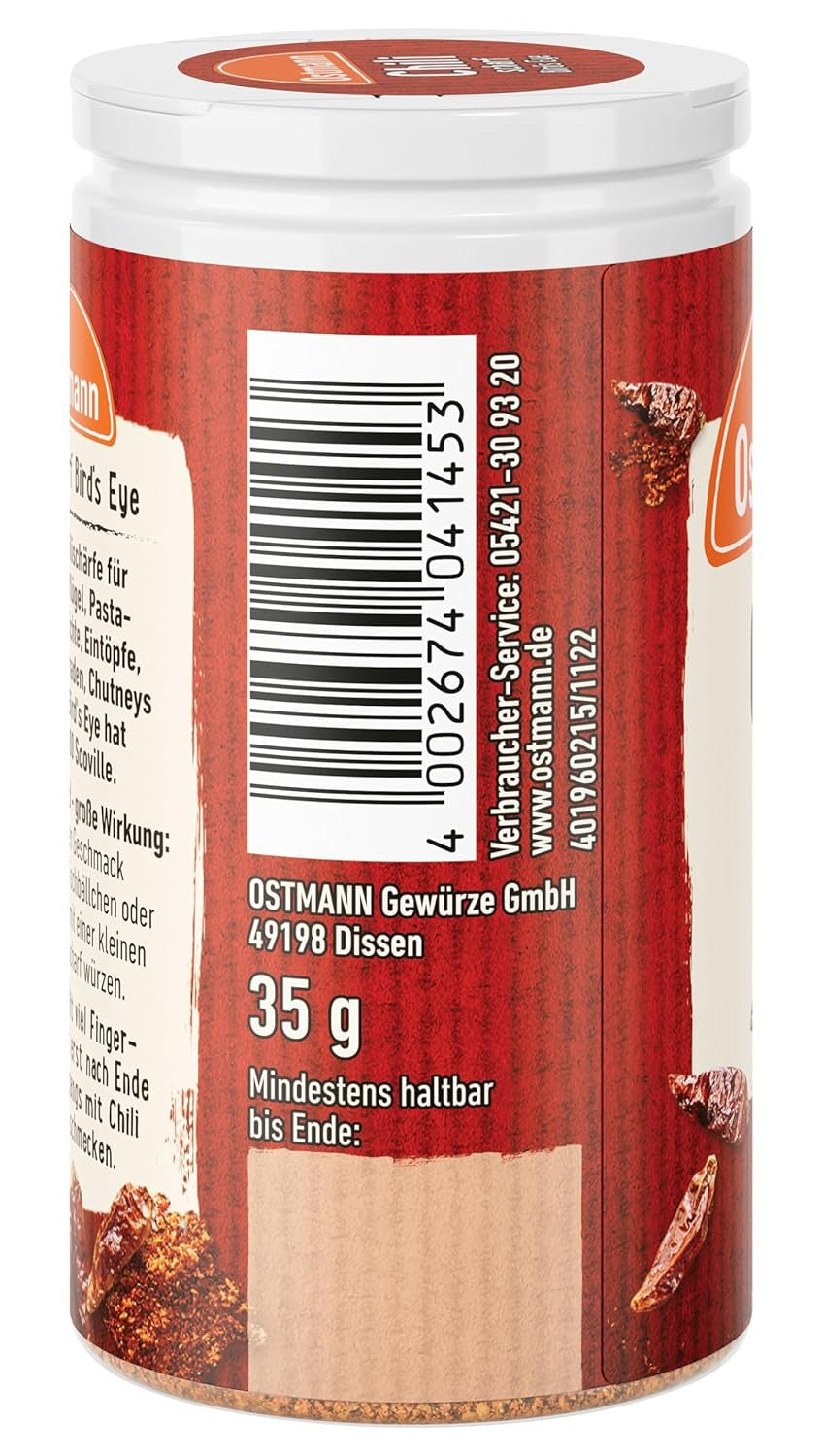 Ostmann Gewürze - Chili scharf Bird's Eye | Féurige Scharfe für Fleischgerichte und Eintöpfe | 35 g dans Der Streudose