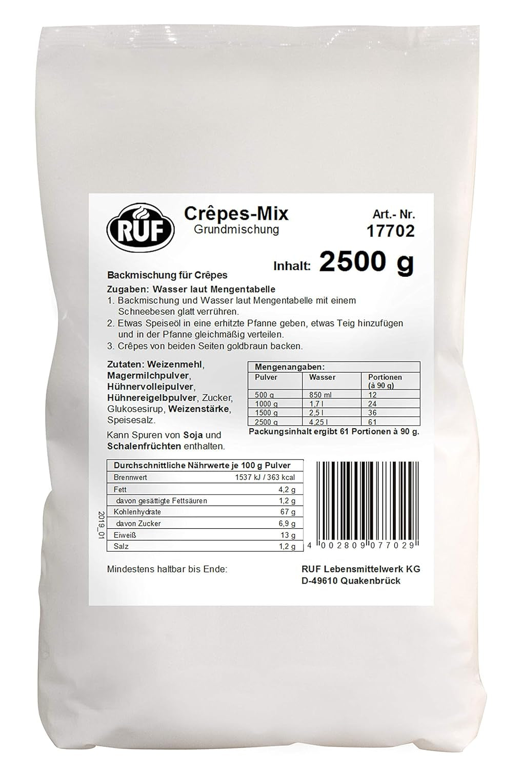 RUF Waffel-Mix, Großpackung, Grundmischung Zur Herstellung Von Waffeln Im Waffeleisen, Für Großküchen, Kantinen, Hotels Und Restaurants, 1 X 2500G Mix pour la pâtisserie et la cuisson Naty Shop Crêpesteig Single