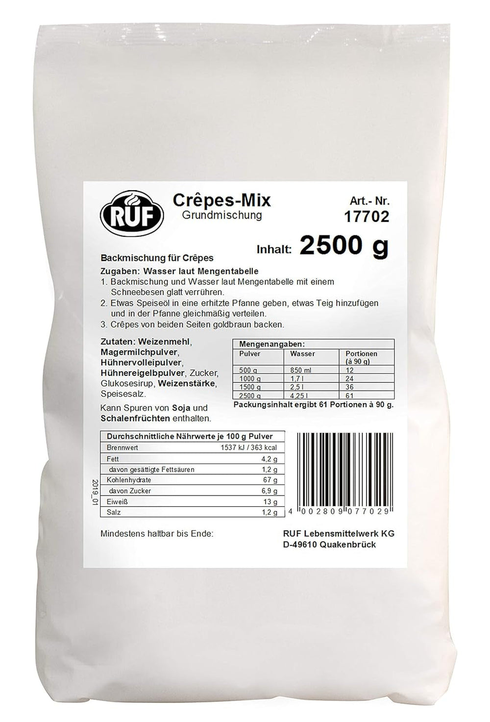 RUF Waffel-Mix, Großpackung, Grundmischung Zur Herstellung Von Waffeln Im Waffeleisen, Für Großküchen, Kantinen, Hotels Und Restaurants, 1 X 2500G Mix pour la pâtisserie et la cuisson Naty Shop Crêpesteig Single