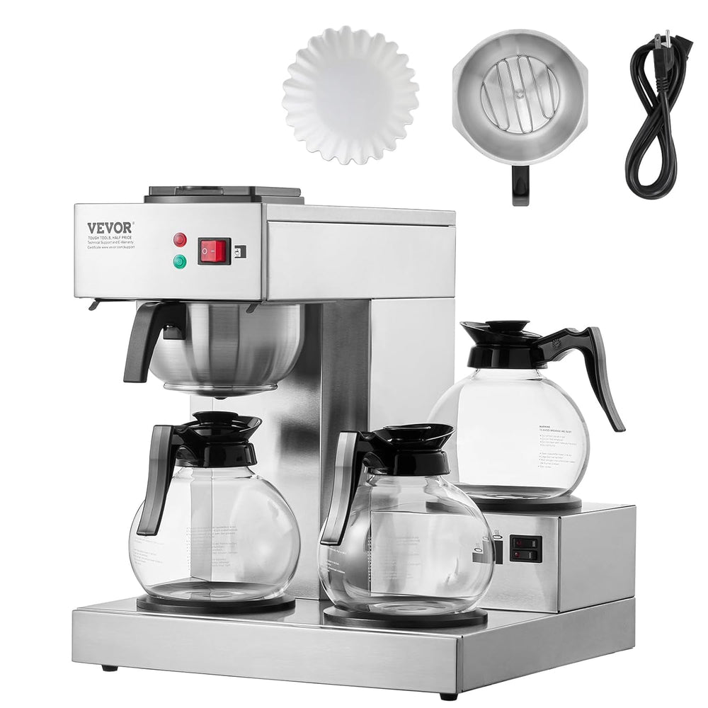 VEVOR Machine à expresso à filtre commerciale de 12 tasses avec 3 carafes en verre et 3 plaques chauffantes Machine à expresso en acier inoxydable avec alimentation en eau automatique pour restaurant, bureau, café