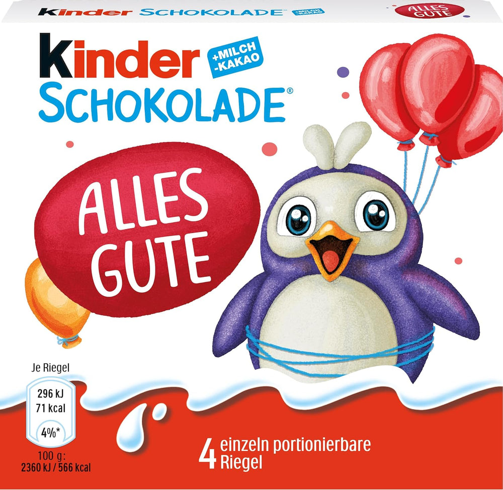 Kinder Chocolate (20 x 50 g) – Cadeau de Saint-Valentin pour elle et lui, bonbons Carnaval et Mardi Gras – Barres de chocolat au lait fourrées – 20 paquets de 4 barres individuelles chacune