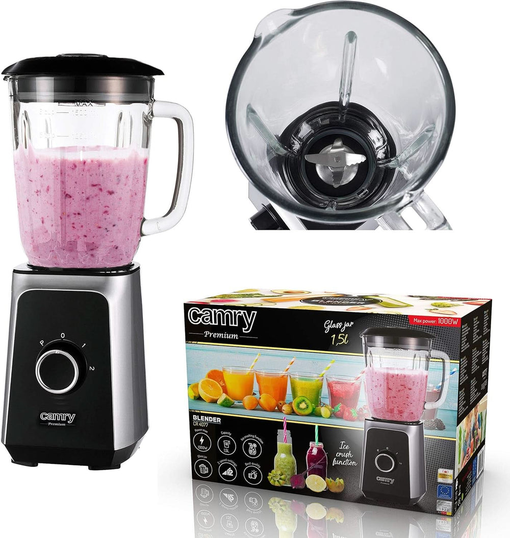 CR 4077 Batteur sur socle avec récipient en verre de 1,5 L, Smoothie Maker, Mélangeur haut, Mahlung, Eis-Zerkleinerung, Pulsfunktion, Edelstahlklingen, 2 Geschwindigkeiten, 1000W, Schwarz/Silber Kitchen Naty Shop
