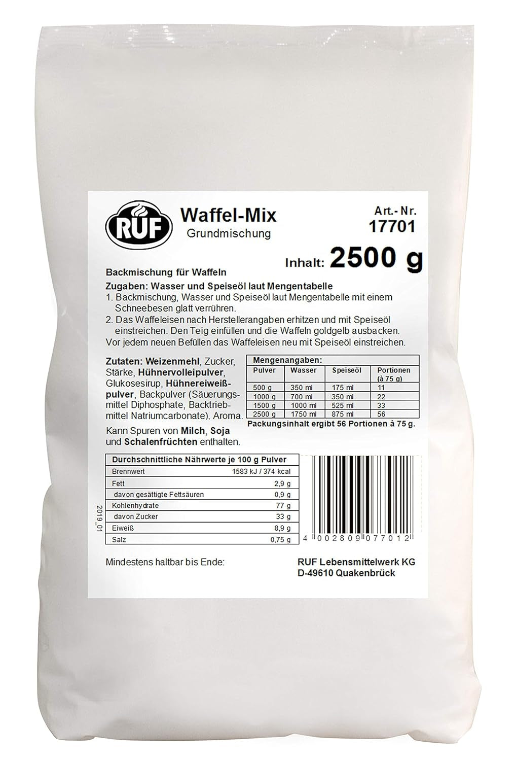 RUF Waffel-Mix, Großpackung, Grundmischung Zur Herstellung Von Waffeln Im Waffeleisen, Für Großküchen, Kantinen, Hotels Und Restaurants, 1 X 2500G Mix pour la pâtisserie et la cuisson Naty Shop Wafelteig Single