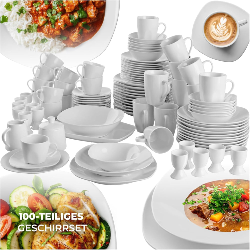 Service de table tectake® pour 12 personnes, service de table en porcelaine de 100 pièces, comprenant 12 assiettes, 12 assiettes à dessert, 12 assiettes plates, 12 tasses, 12 bols à céréales, un saladier, un pot à lait, un sucrier