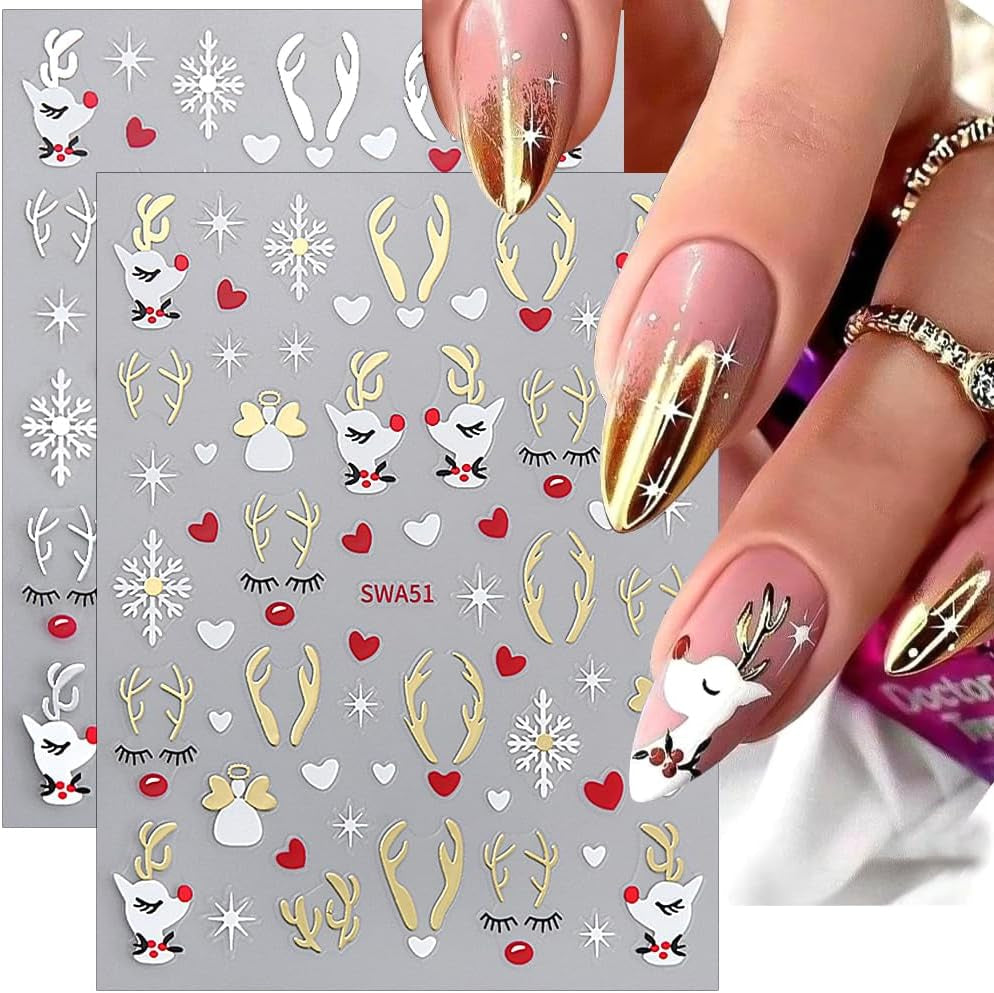 Autocollants pour ongles en forme de flocon de neige de dessin animé, autocollants pour ongles de Noël, autocollants, dessins d'ongles de Noël, nail art, cerf, flocons de neige, autocollants pour ongles de Noël, accessoires pour ongles d'hiver