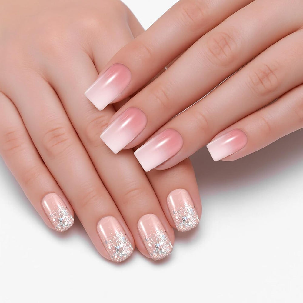 48 pièces colle courte sur les ongles 2 Styles ongles français courts carrés avec colle à ongles et lime à ongles rose blanc Ombre faux ongles pour les femmes