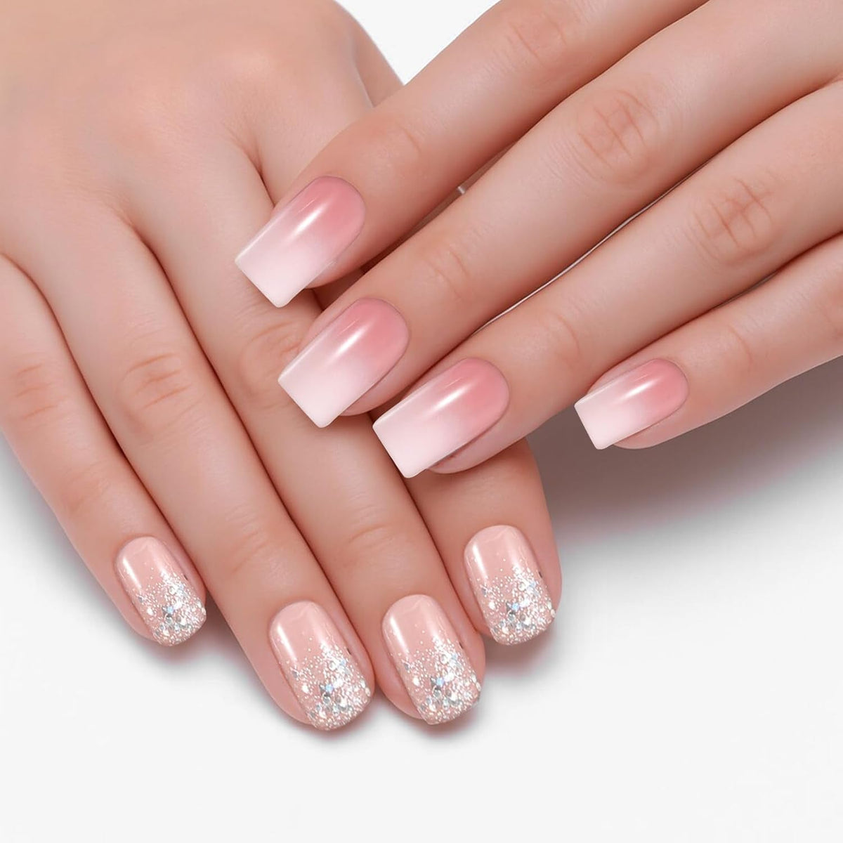 48 pièces colle courte sur les ongles 2 Styles ongles français courts carrés avec colle à ongles et lime à ongles rose blanc Ombre faux ongles pour les femmes