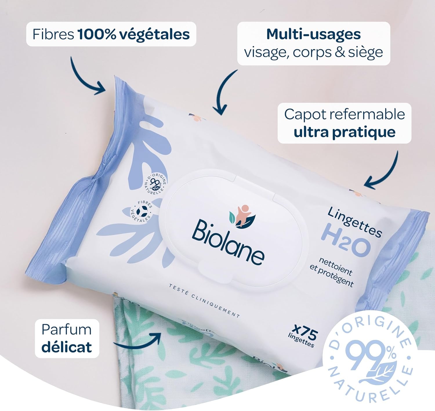 BIOLANE - Lingettes humides bébé à l'eau - 225 lingettes - 3 x 75 pièces - Nettoyage doux et efficace - Dès la naissance - Qualité française