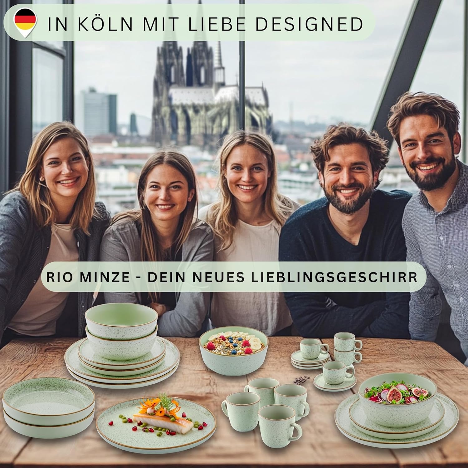 SÄNGER Rio Menthe | Service de table en grès pour 6 personnes, 6 assiettes, 6 assiettes à dessert, 6 bols, vert menthe | LA COLLECTION VALEUR