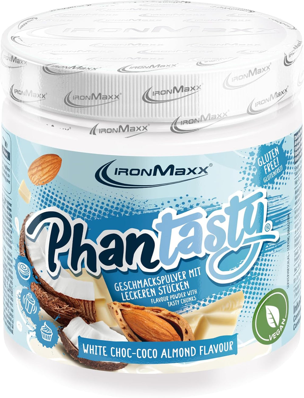 Ironmaxx Phantasty - Pêche crémeuse Dose de 250G | Vegan Geschmackspulver Mit Echten Frucht-Oder Nussstückchen | Perfekter Zuckerersatz Édulcorants Naty Shop 250 G (1Er Pack) Choc Blanc – Coco Amande