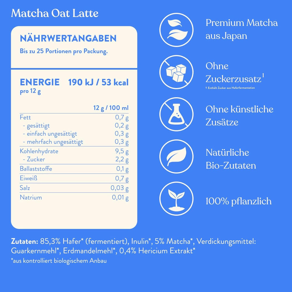Blue Farm Bio Matcha Oat Latte auf Haferbasis ohne Zuckerzusatz - Mit dem Vitalpilz Lion's Mane - Vegan - laktosefrei & glutenfrei (300 g, Matcha)