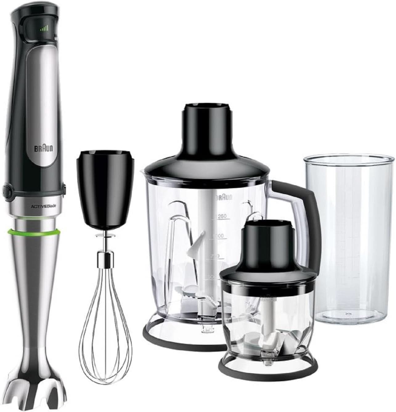 Braun Multiquick 7 MQ 7035X Stabmixer - Pürierstab Mit Abnehmbarem Edelstahl Mixfuß Mit Activeblade Technologie Zum Pürieren Der Härtesten Ingredient, Inkl. Set de 3 pièces, 1000 watts, Schwarz Kitchen Naty Shop Schwarz Standmixer-Aufsatz