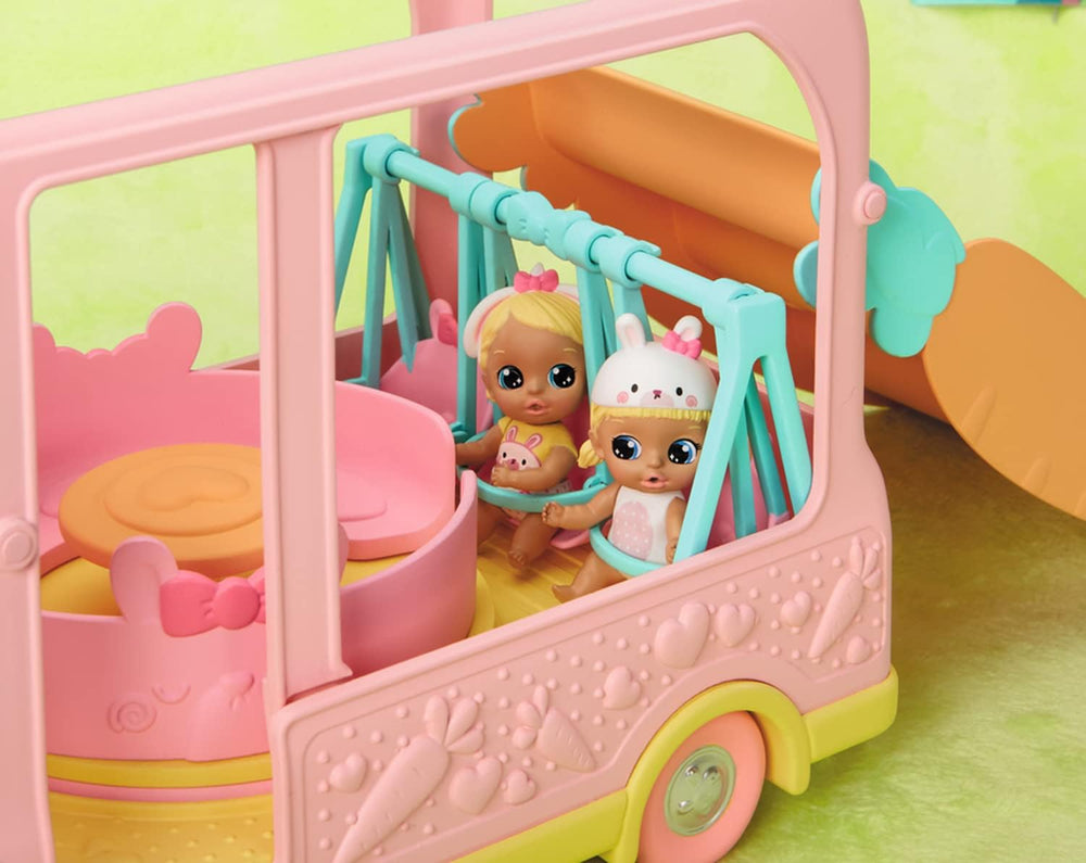 BABY born 904763 Baby Surprise Bus - mini bus jouet pour poupée rose avec 2 poupées exclusives, poussette triple, balançoire, carrousel, toboggan et balançoire triple.