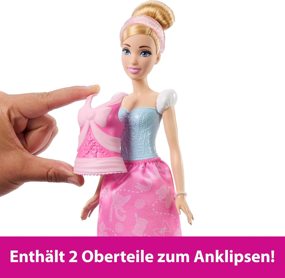 Mattel Disney-Princess-Spielzeuge, Cinderella-Modepuppe mit 2 Looks, 9 Accessoires, 2 Oberteile zum Anklipsen und 2 Röcke. 2-in-1-Geschichten inspiriert vom Disney-Film, JCR95