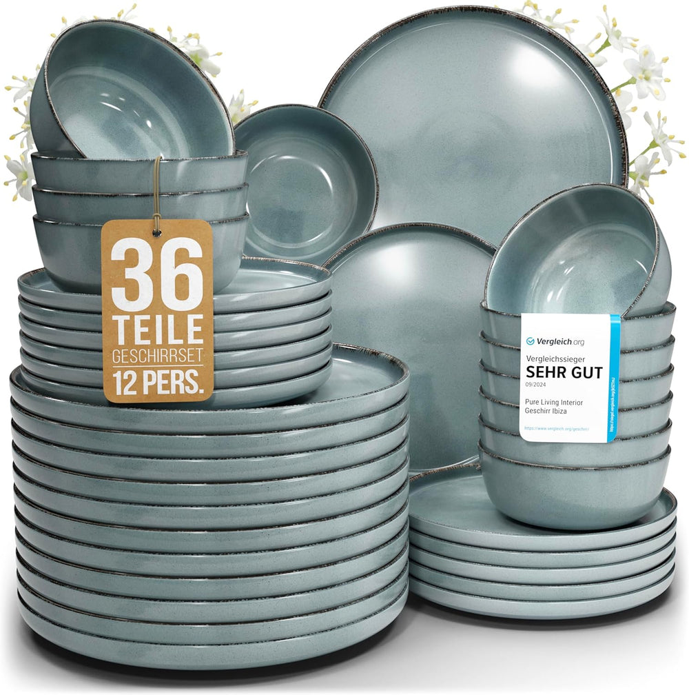 Steingut Geschirrset 12 Personen Rustique 36 tlg. TESTSIEGER, Hochwertiges Landhaussttil Steingut Geschirr Set, Schüssel- und Teller Set, Tafelservice 12 Personen, Geschirrsets Pure Living à Rauchblau