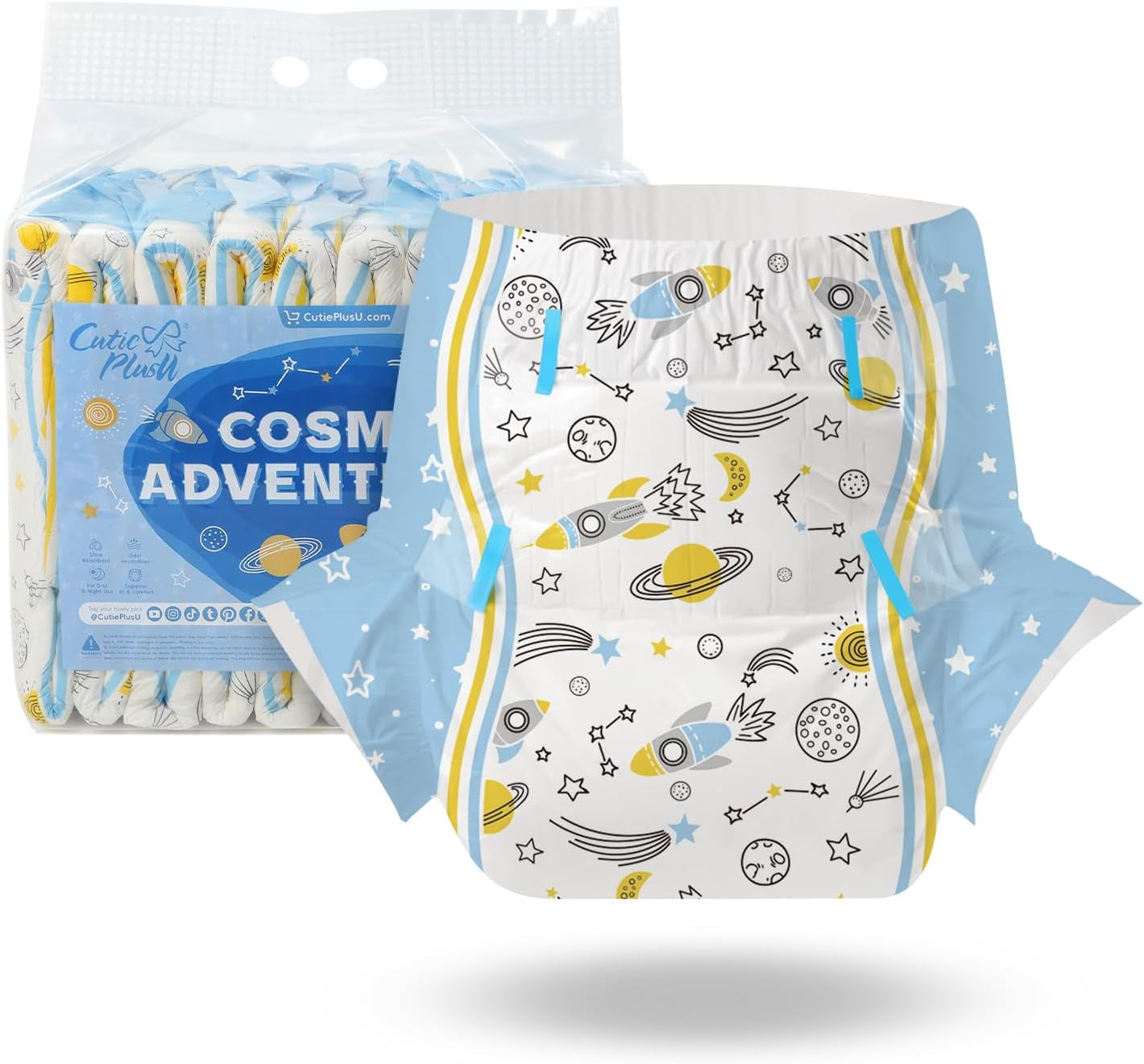 Scutece pentru adulți CutiePlusU, 10 bucăți, scutece de unică folosință cu tablă pentru femei și bărbați, absorbție maximă peste noapte - I Love Summer (Mărime medie 71-96 cm)