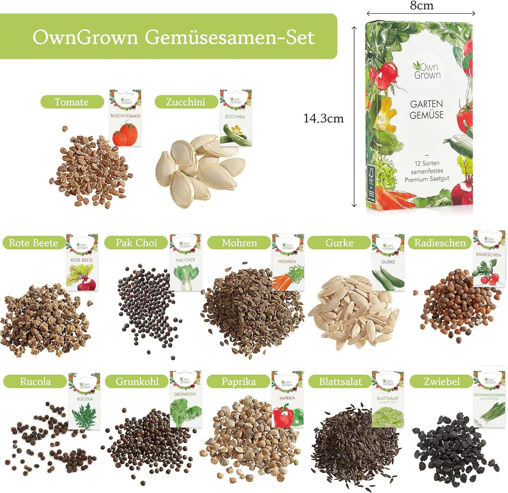OwnGrown Gemüse Samen Set - 12 Pflanzensamen Sorten für Hochbeet und Garten - Praktische Box mit Gemüsesamen für den Anbau Frischer Ernte zu Hause - Ideal für Gartenliebhaber