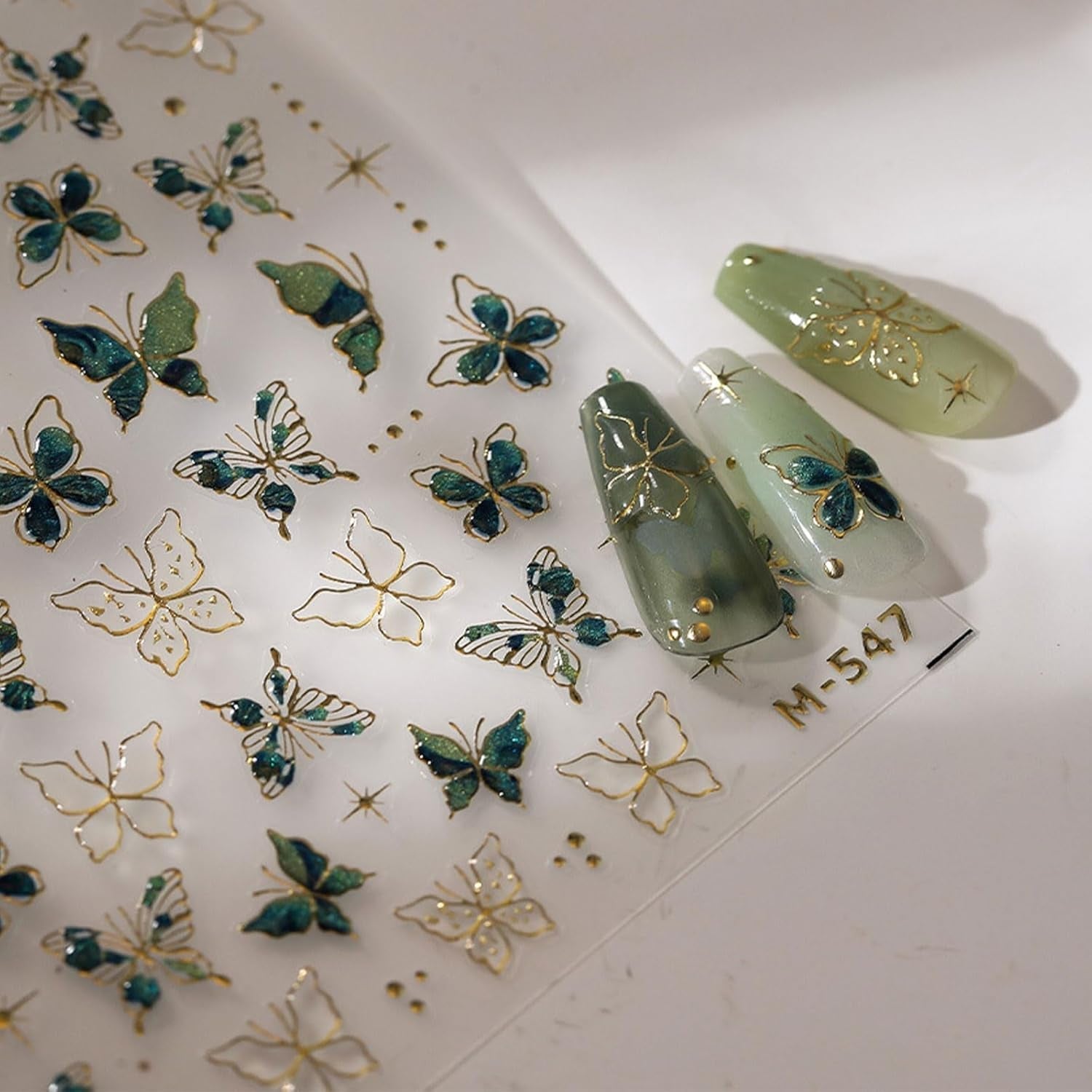 JMEOWIO 3D Nagelsticker Vert Or Schmetterling Nail Art Autocollant Selbstklebend Nagelaufkleber 5D Stéréoscopique Décoration Nageldesign Zubehör 1 Blatt