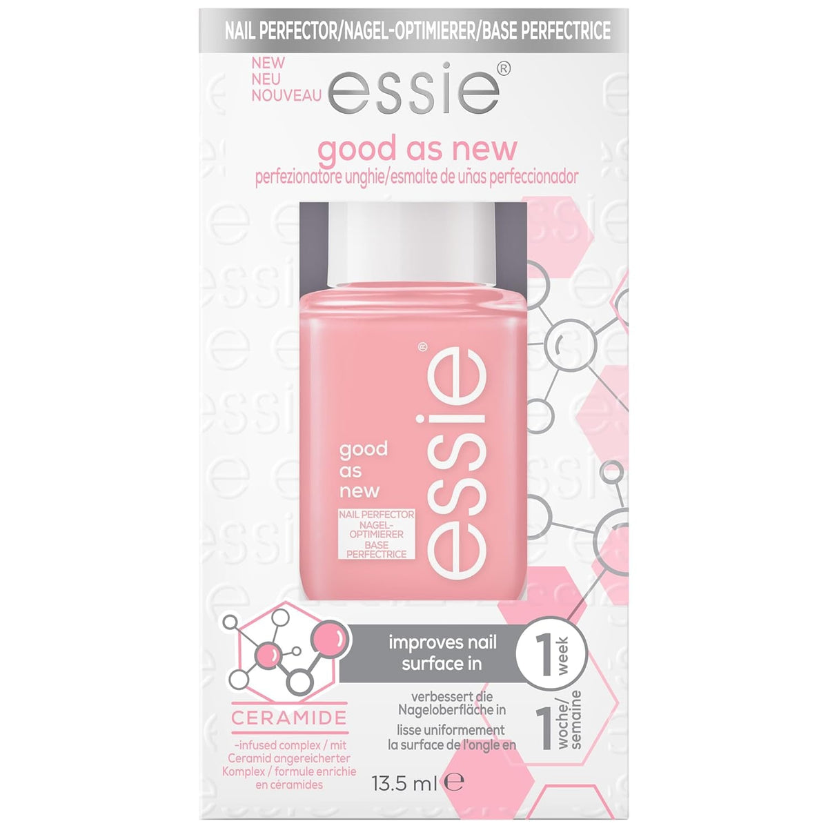 Essie Professional Nail Perfector Pink întărește și protejează unghiile, restabilește structura sănătoasă și îmbunătățește rezistența, pentru unghii vizibil mai puternice și mai sănătoase.