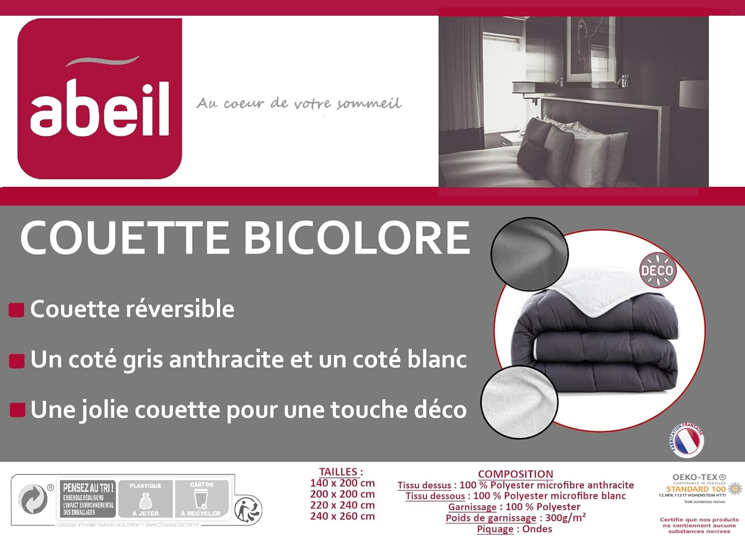 Couette Abeil 200 X 200 Cm, bicolore, blanc et gris Couettes et couettes Naty Shop