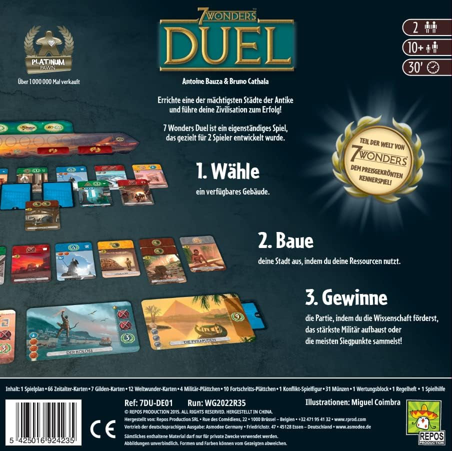 Asmodee 7 Wonders Duel, jeu de base, jeu de connaisseur, jeu de stratégie, 2 joueurs, à partir de 10 ans, 30 minutes, allemand