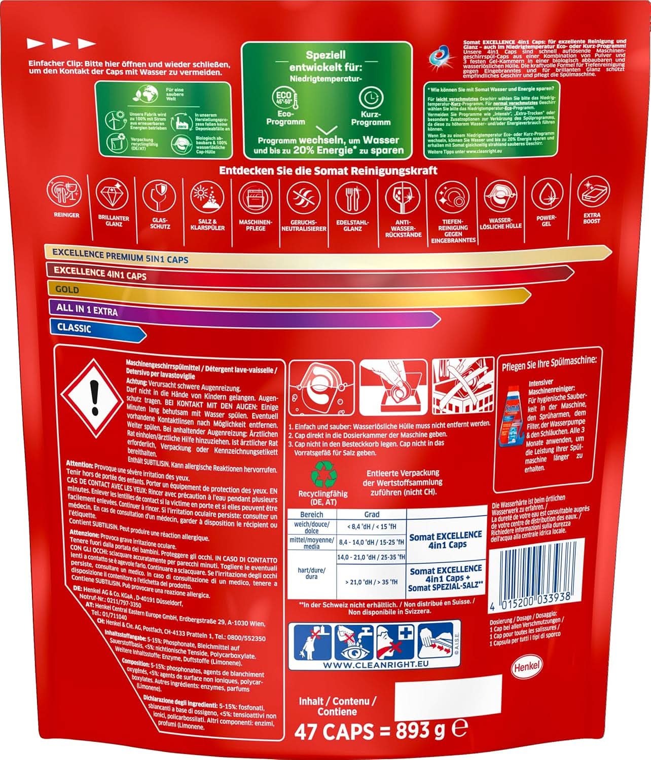 Somat Excellence 4In1 Caps (141 Caps), Détergent pour lave-vaisselle à dissolution rapide Naty Shop Détergents de cuisine
