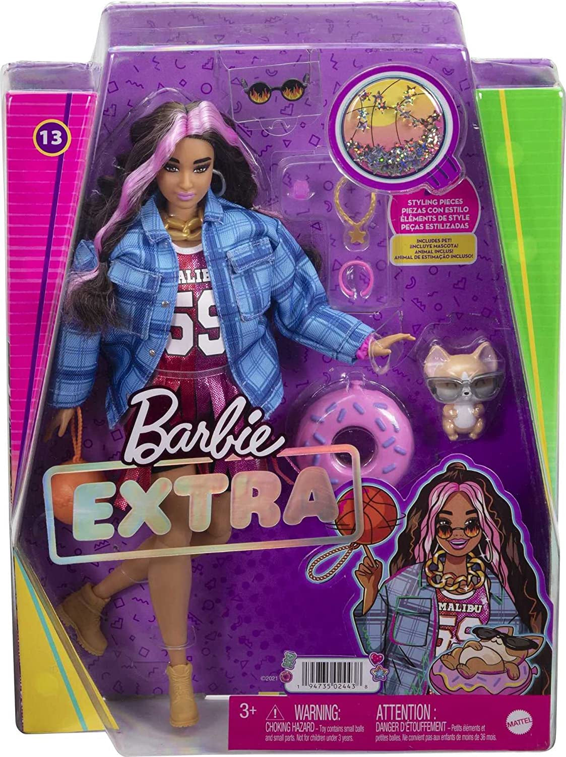 Barbie HDJ46 - Poupée supplémentaire en robe avec maillot de basket et accessoires, avec animal Corgi, cheveux bouclés extra longs avec mèches roses et articulations flexibles, jouet cadeau pour enfants à partir de 3 ans Naty Shop Dolls