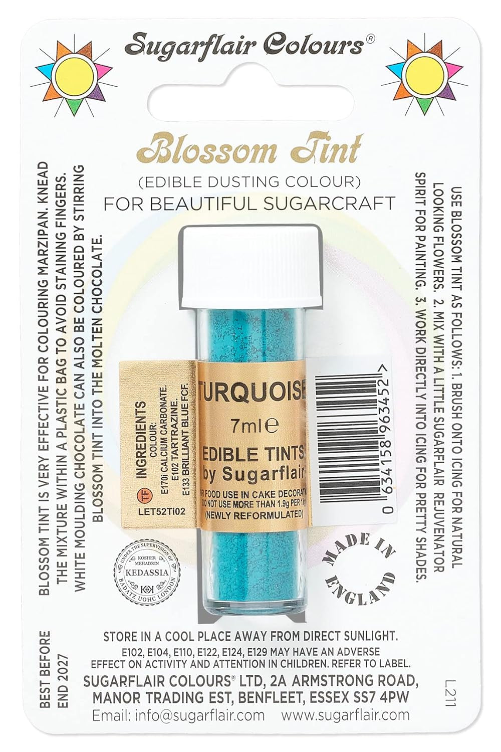 Colorant alimentaire en poudre Sugarflair Blossom Tint Dusting Turquoise - Colorant alimentaire en poudre pour décorer pâte à sucre colorée, fondant, glaçage, chocolat, crème au beurre, macarons - 7ml