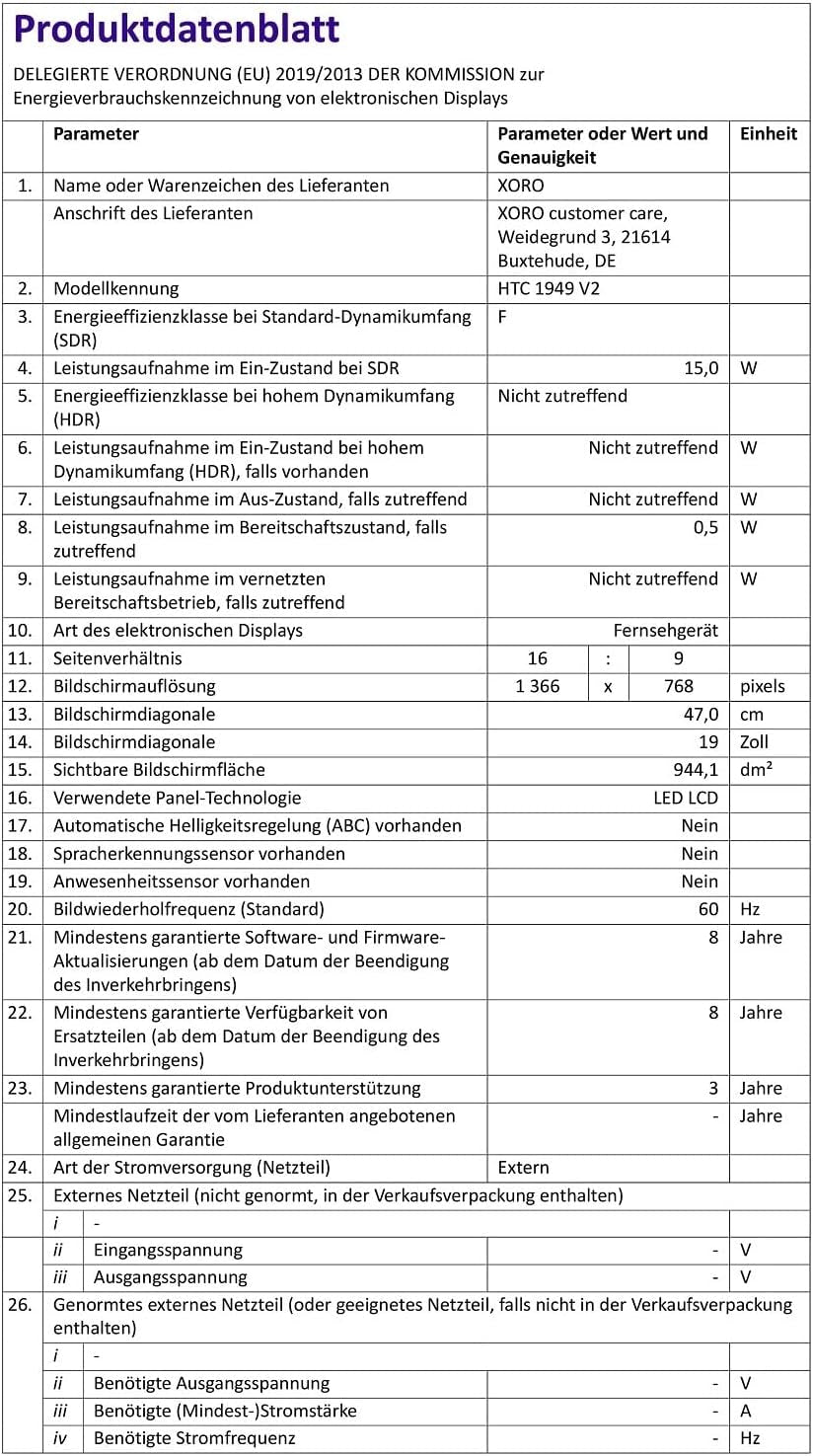 XORO HTC 1949 V2 (televizor LED de 18,5", DVD, tuner triplu (DVB-S2/T2/C), player media, CI+, DC12V)