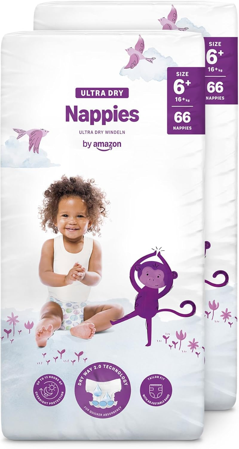 Couches Amazon Ultra Dry, taille 1 (2-5 kg) – Boîte mensuelle, blanche, 96 pièces (2 paquets de 48) (anciennement marque Mama Bear, produit identique)