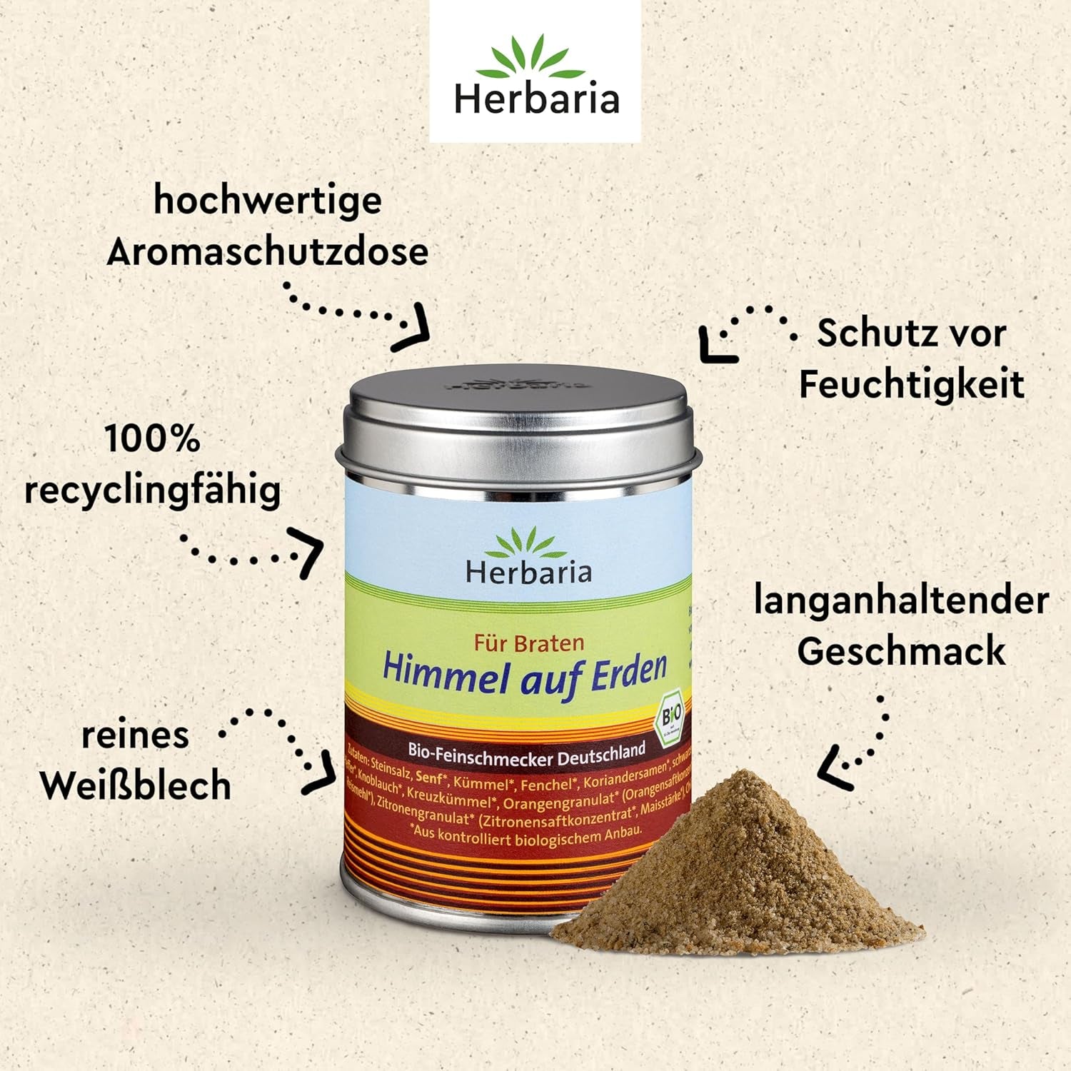 Herbaria Himmel auf Erden bio 100g M-Dose – Fertiges Bio-Gewürzsalz für Rind-, Kalb- und Schweinefleisch als Braten or Kurzgebratenes – in nachhaltiger Aromaschutz-Dose