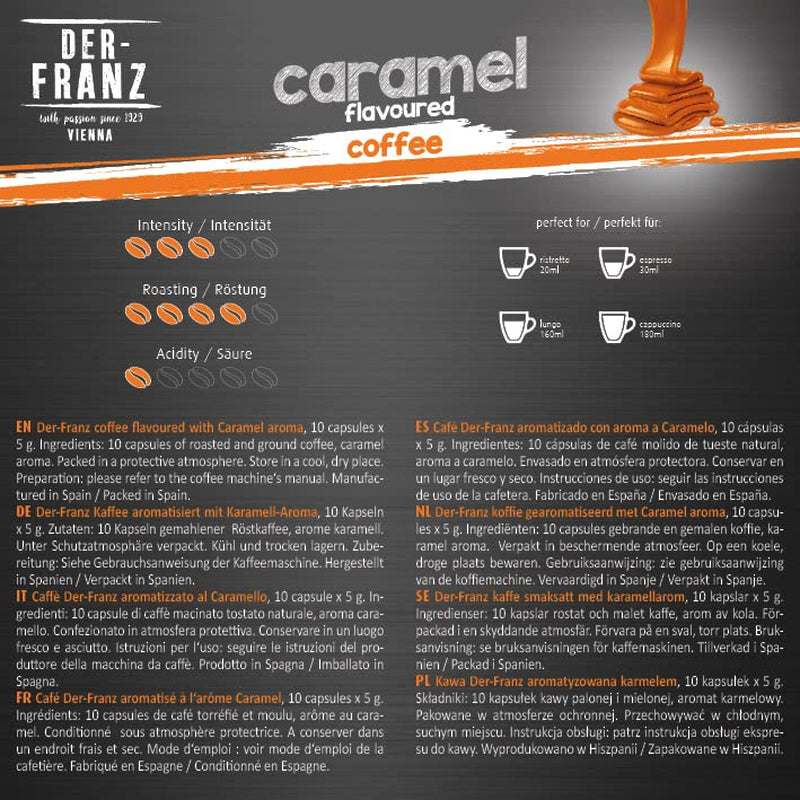 Capsules de café compatibles Nespresso Der-Franz, 6 x 10 capsules, arôme caramel, torréfaction moyenne