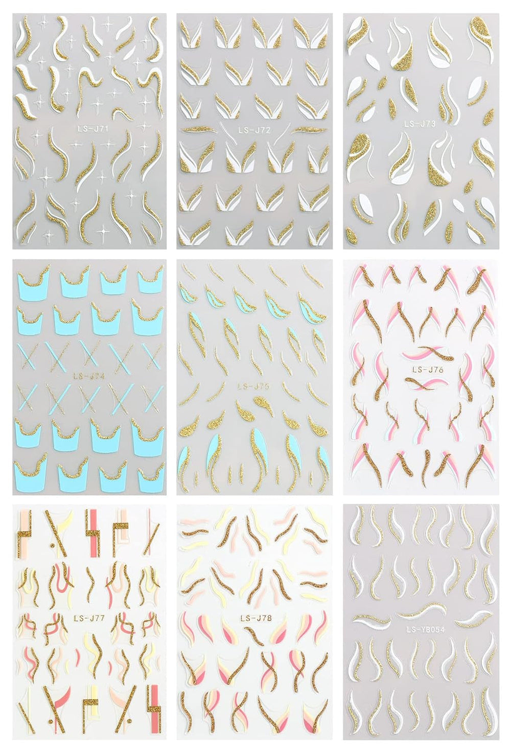 JMEOWIO Nagelsticker Französische Tipp 9 Blatt Nail Art Sticker Selbstklebend Nagelaufkleber Glitzer Wellenlinie Dekoration Nageldesign Zubehör