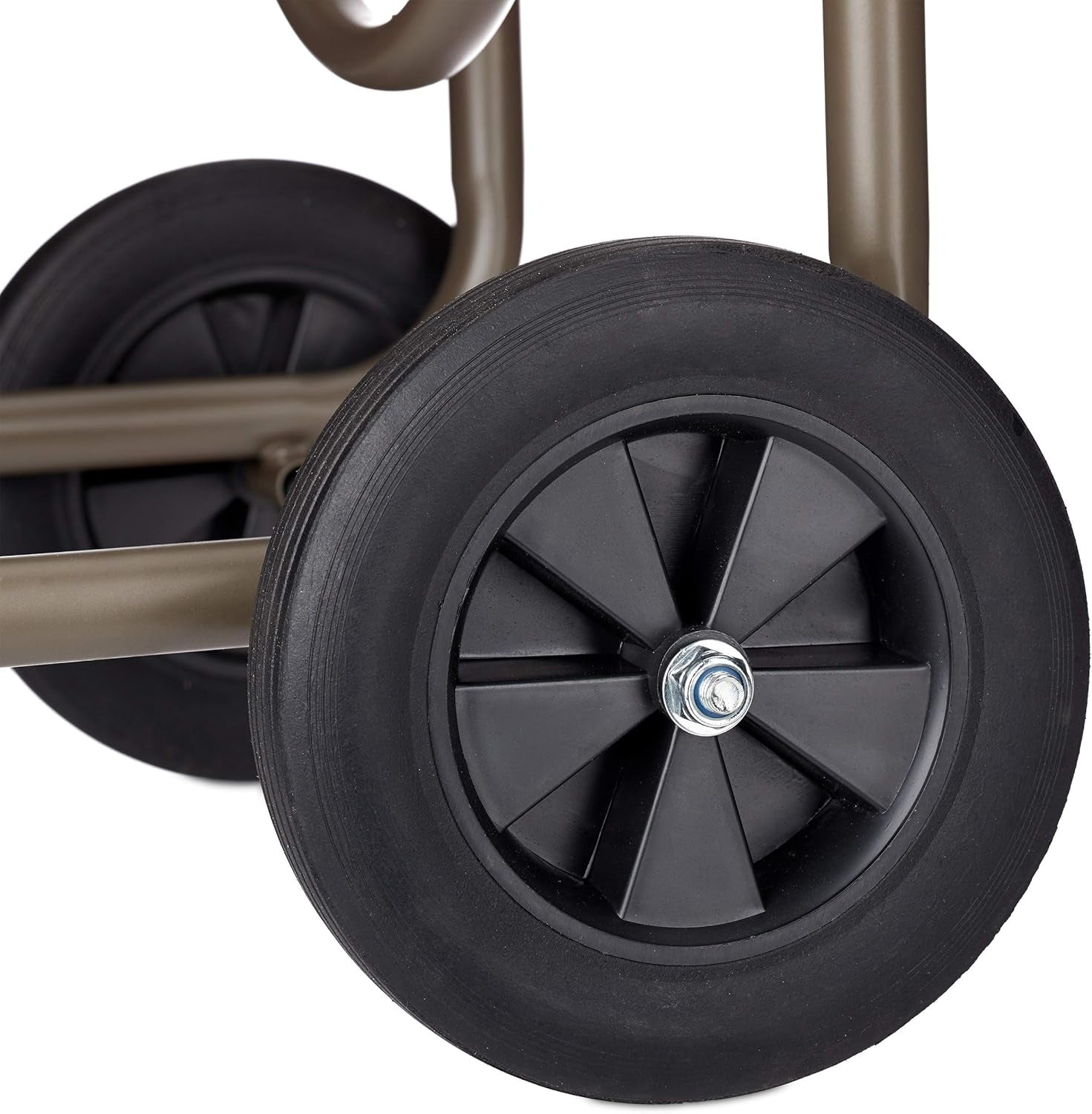 Cărucior furtun Relaxdays XL, rolă mobilă pentru furtun, metal, pentru furtun de 60 m, 4 roți, cu manivelă, derulare la 90°, maro