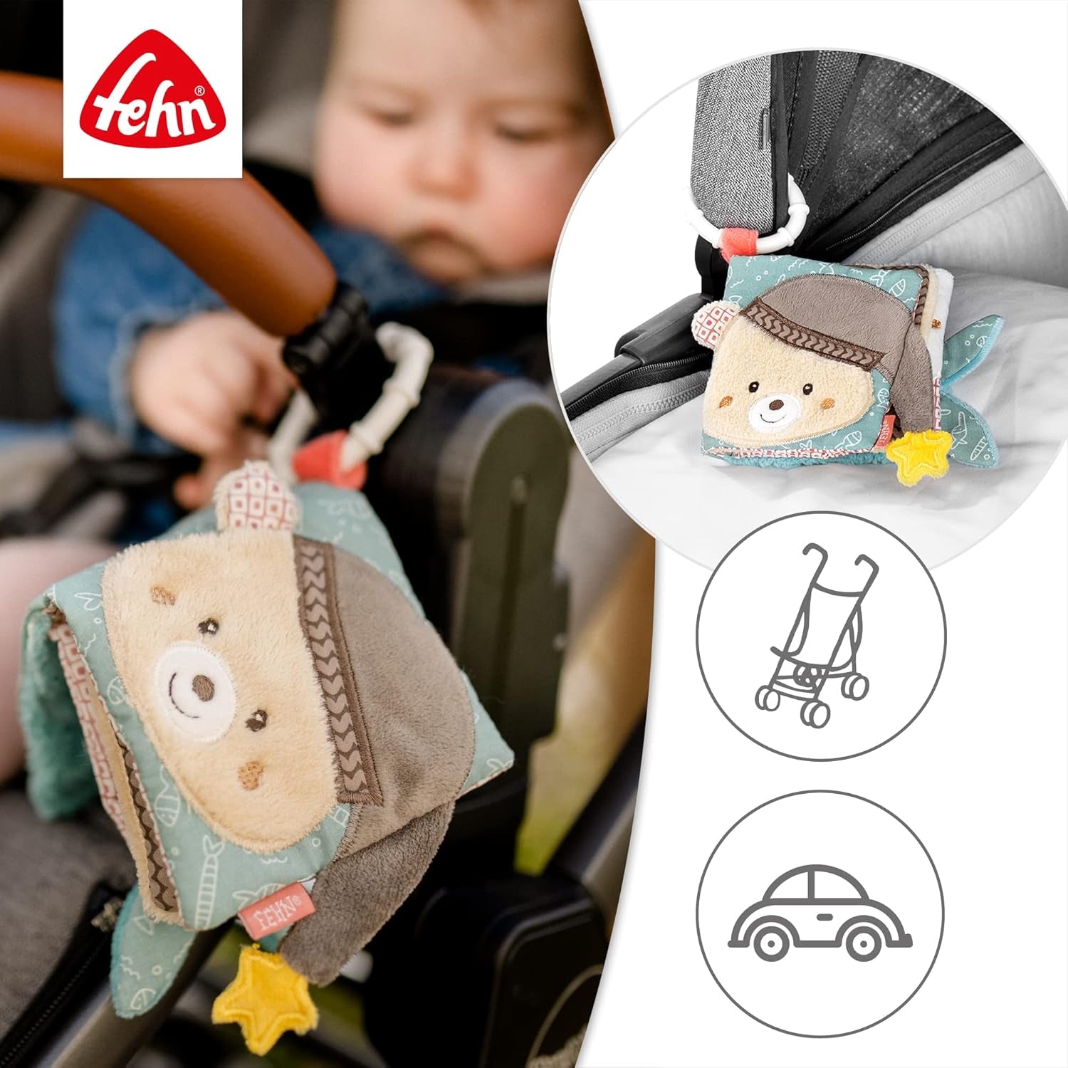 Fehn Soft imagier Bruno - livre doux pour bébés en tissu avec motifs d'animaux - livre de jouets en tissu à suspendre pour poussettes et sièges auto - livre avec des pétards pour bébés et enfants à partir de 0 mois Baby Toys Naty Shop