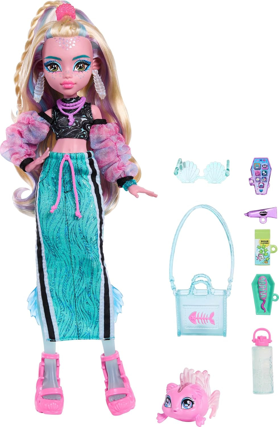 Monster High Lagoona Blue Neptuna Fish Haut court et jupe longue de sport avec 7 accessoires dont lunettes de soleil coquillage, collation et sac, JHK33