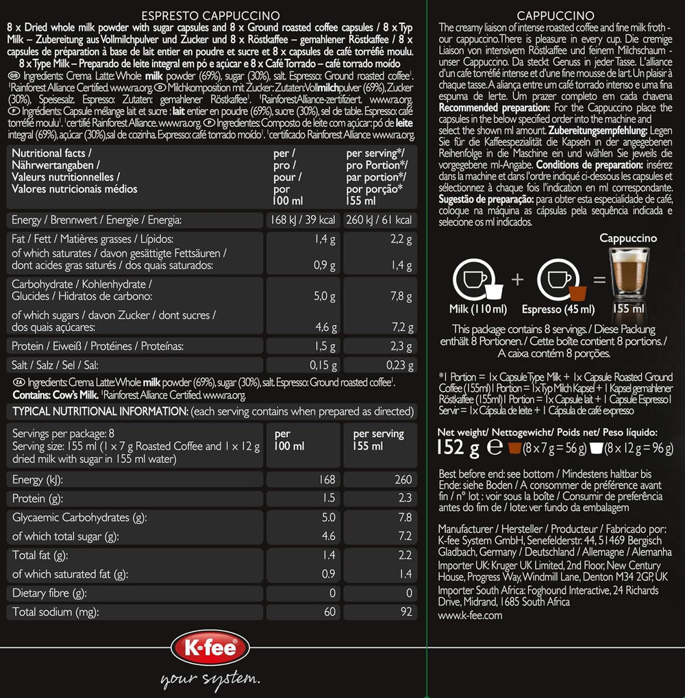 ESPRESTO Cappuccino, compatible avec K-fee & ALDI EXPRESSI*, RFA zertifiziert, 48 Kaffee-Kapseln & 48 Milch-Kapseln