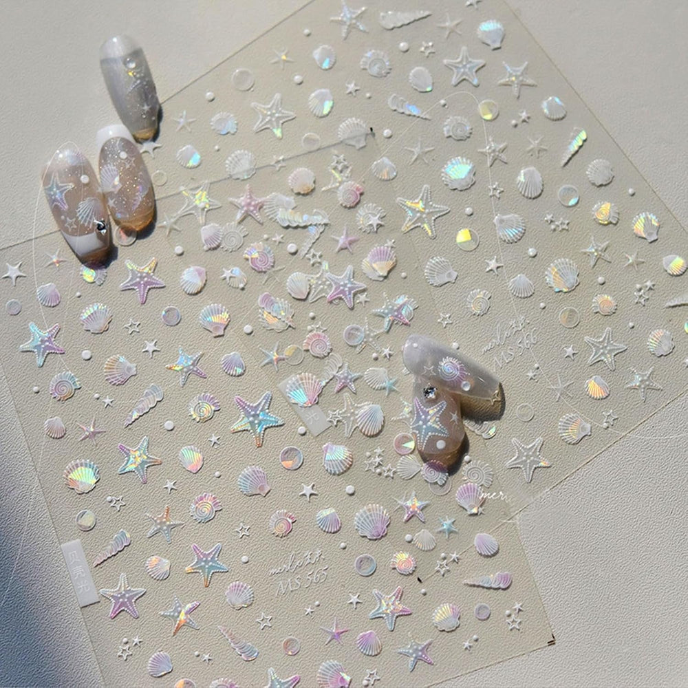 JMEOWIO Autocollant de manucure 3D Aurora Muschel Seestern Nail Art autocollant autocollant autocollant 5D stéréoscopique Ozean thème décoration Design de manucure 1 pièce