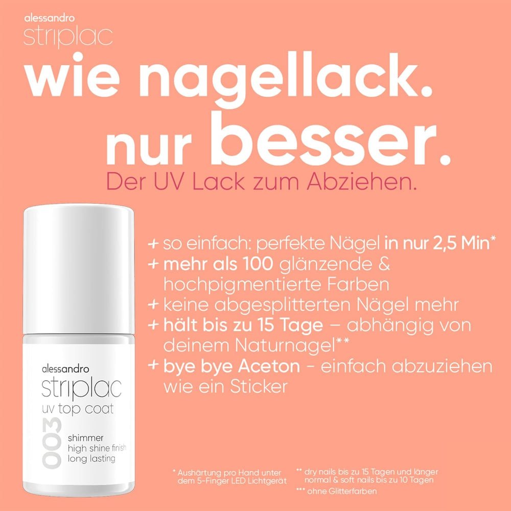 alessandro Striplac UV Top Coat Shimmer - Ongles brillants et résistants aux rayures jusqu'à 15 jours - Peut être utilisé avec ou sans colorant - Technologie d'élimination en douceur - Vegan - Argent, Transparent, 6,5 ml