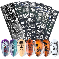 JMEOWIO Nail Stamping Pochoirs Halloween 6 Pièces Nagelstempel Pochoirs Nail Art Décoration Nageldesign Zubehör Böse Gruselige Kürbis-Geisterhexe