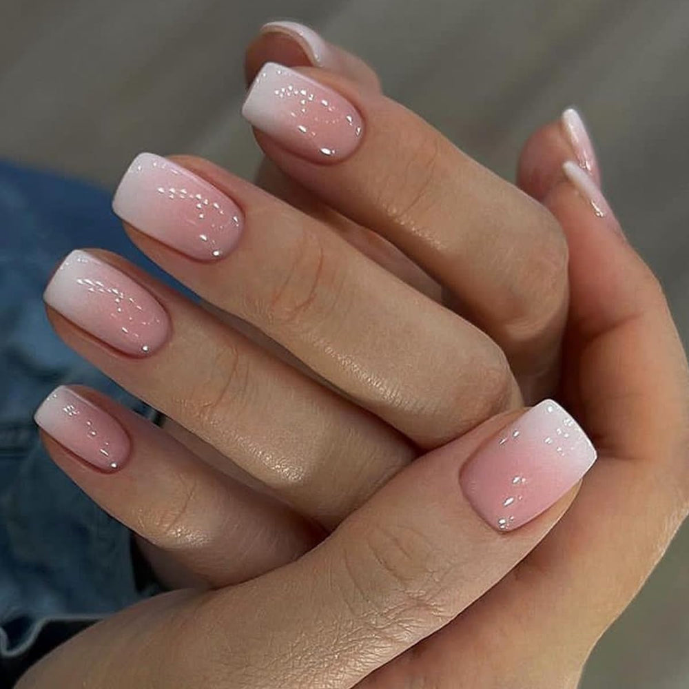 Ensemble de faux ongles adhésifs – Faux ongles français – 24 pièces, design carré court, ongles artificiels dégradés blanc et rose, manucure ballerine (dégradé rose court)