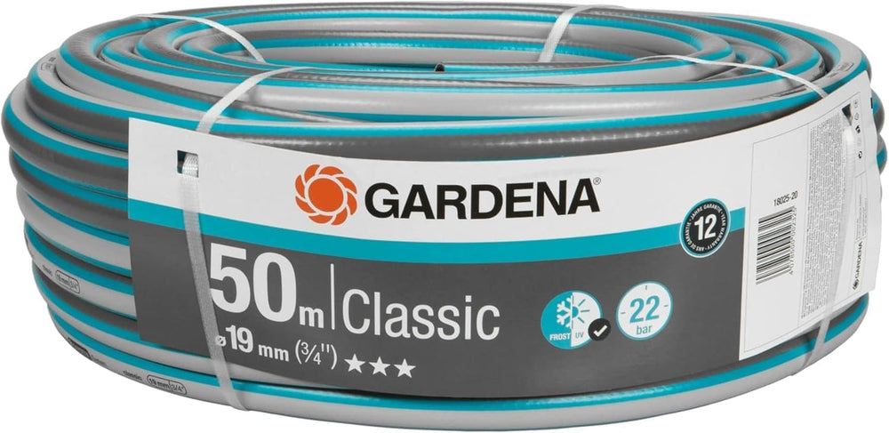 Tuyau Gardena Classic 19 mm (3/4"), 20 m : Tuyau d'arrosage universel en tissu robuste, tissé en croix, pression d'éclatement de 22 bars, résistant aux UV, sans composants du système, garantie 12 ans (18022-20)