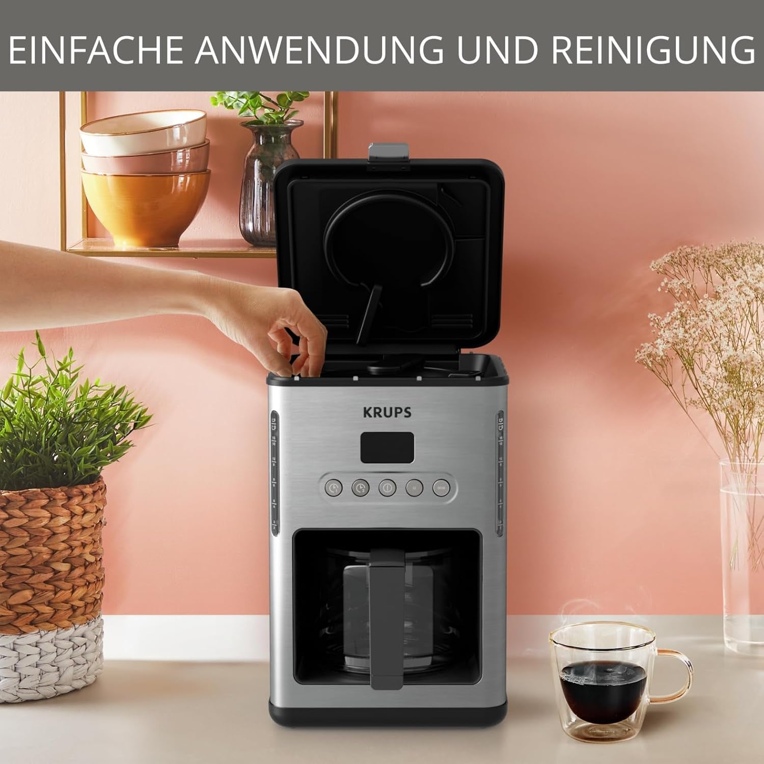 Machine à café expresso avec filtre Krups KM442D Premium | 10-15 tasses | 1000 watts | programmable | fonction maintien au chaud | acier inoxydable | noir