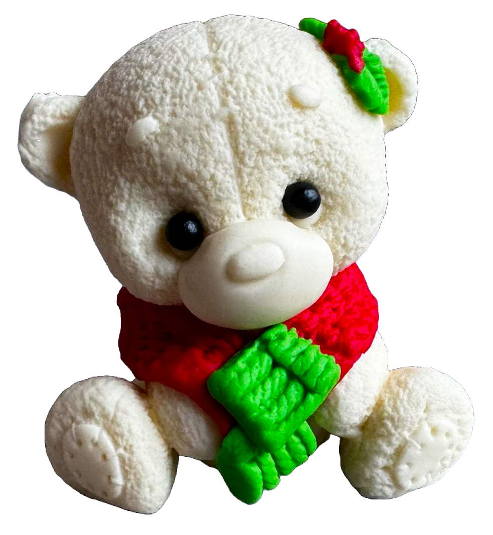 Decoratiune comestibila din pasta de zahar, Ursulet alb cu fular verde cu rosu Decoratiuni din Pasta de Zahar Naty Shop